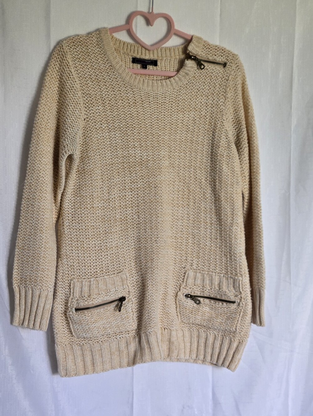 Effeci Women's L Solid Cream Knit Sweater w/ Accent Neck Zipper & Front Pockets